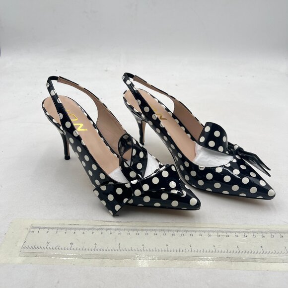 YDN Black Polka Dot Stiletto Heel Pumps Bow Pointed Toe Slingback Slip on Sandal - Picture 4 of 8